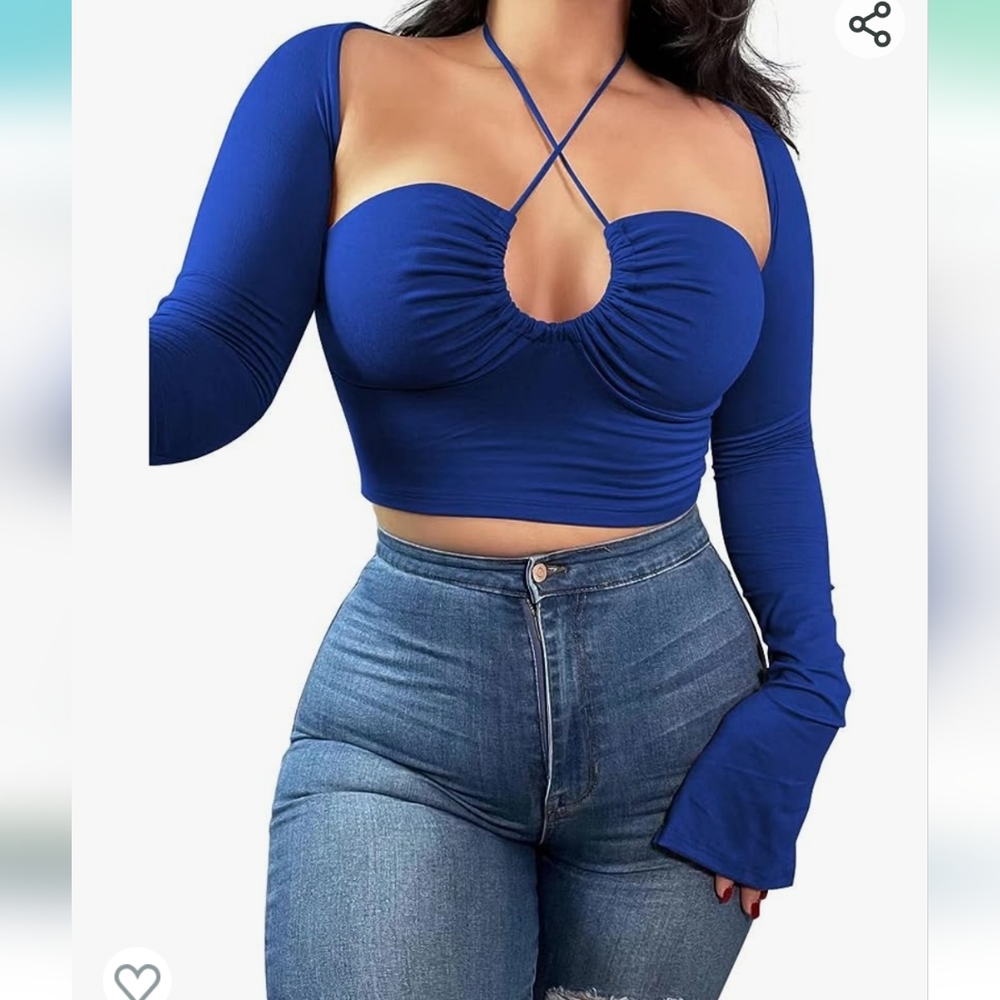 Women's Sexy Halter Criss Cross Tie Up Crop Top, Long, Bell Sleeve - Royal Blue